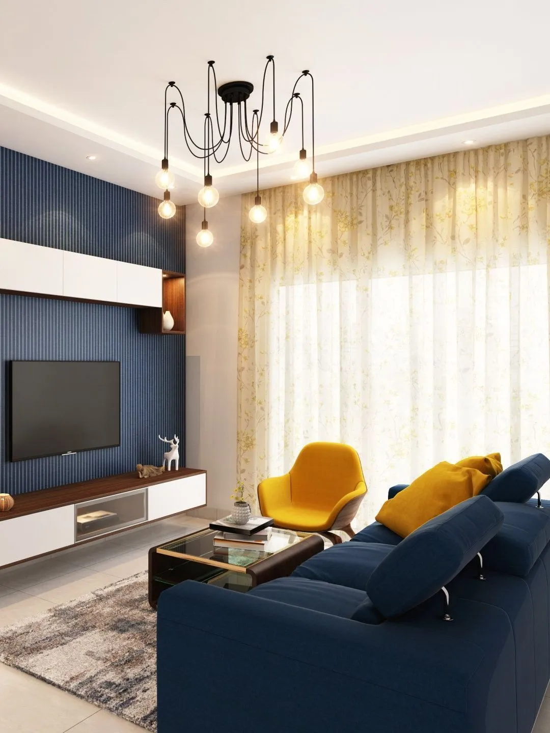 Modern living room with navy sofa
